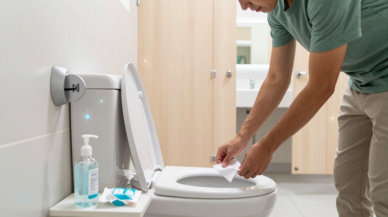 Person cleaning a toilet seat with a disinfectant wipe in a public restroom.
