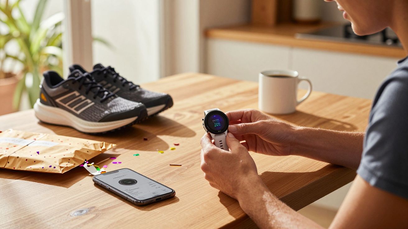 Man sitting at wooden table holding sports watch with running shoes, phone, mug, and paper bags on table