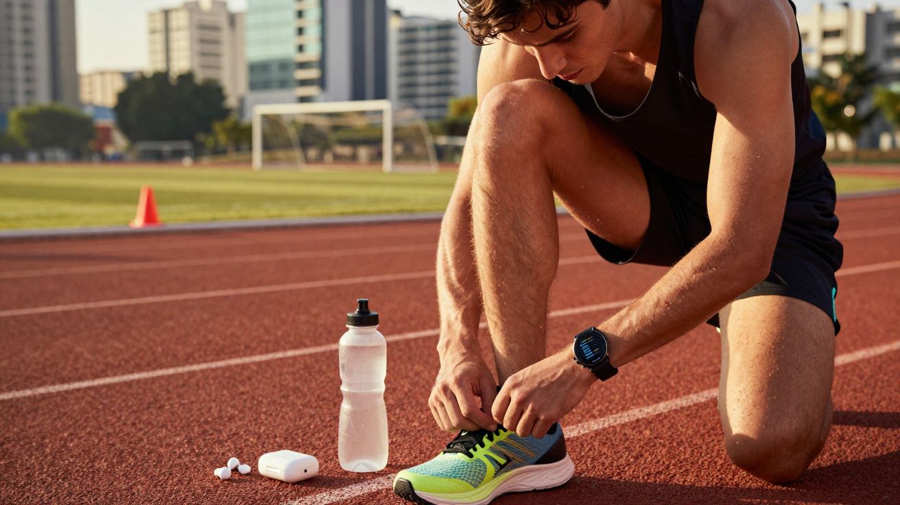 Runner kneeling on track tying shoelaces with water bottle and earbuds beside him on the ground.