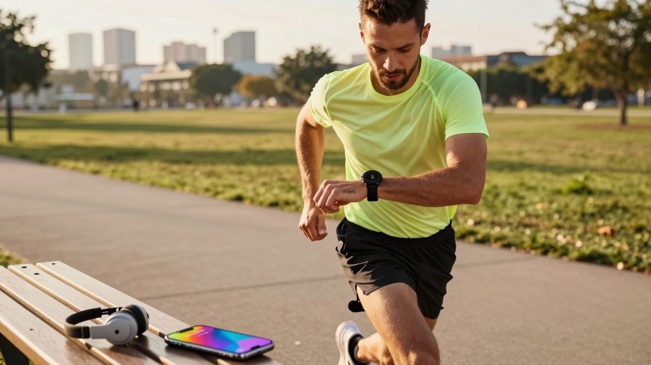 Man in neon yellow shirt checking smartwatch while stretching on path near park bench with phone and headphones.