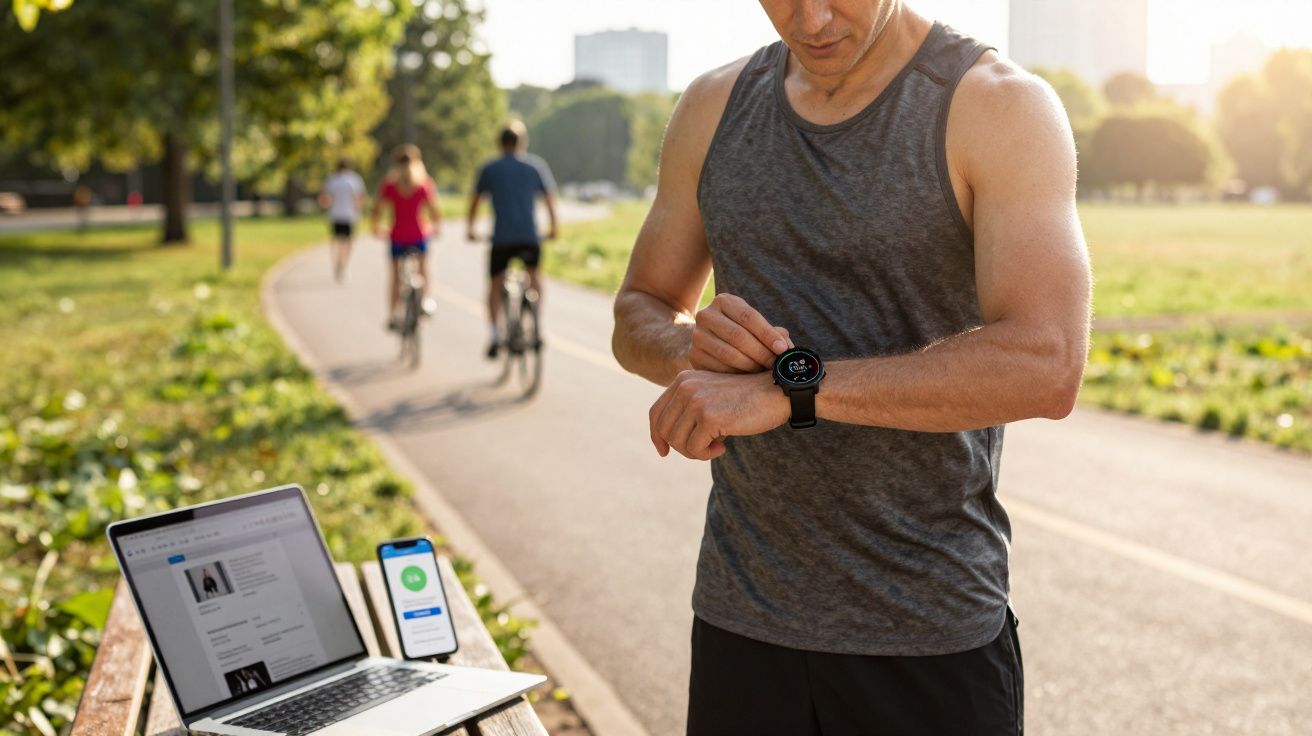 Man in sportswear checking smartwatch on a park path with cyclists and laptop on a bench nearby.