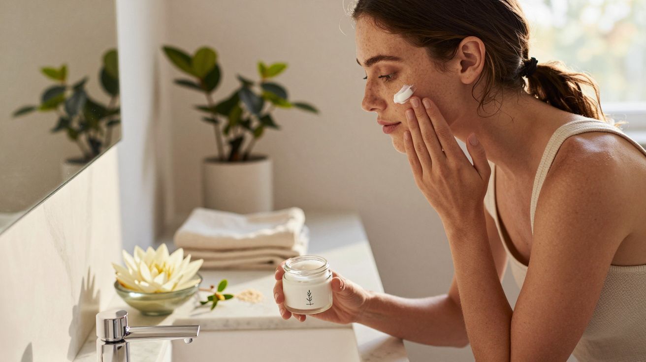 Woman applying face cream in bright bathroom with plants and towels on the counter.
