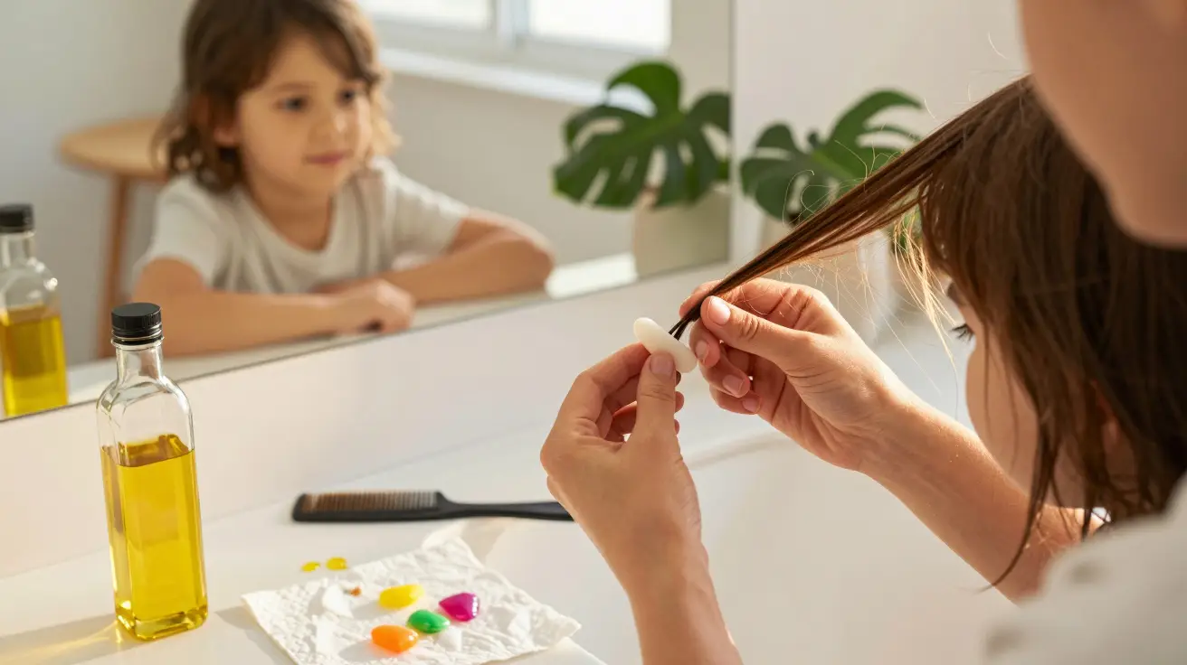 Child sitting at a bathroom sink while an adult prepares to apply oil to their hair with a dropper.