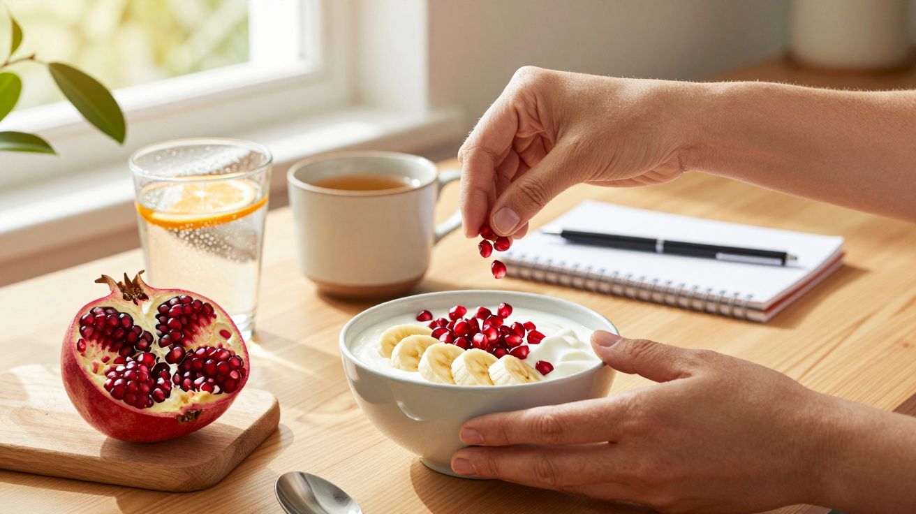 Person sprinkling pomegranate seeds on yoghurt with banana slices, beside a halved pomegranate, glass of water, and cup of te
