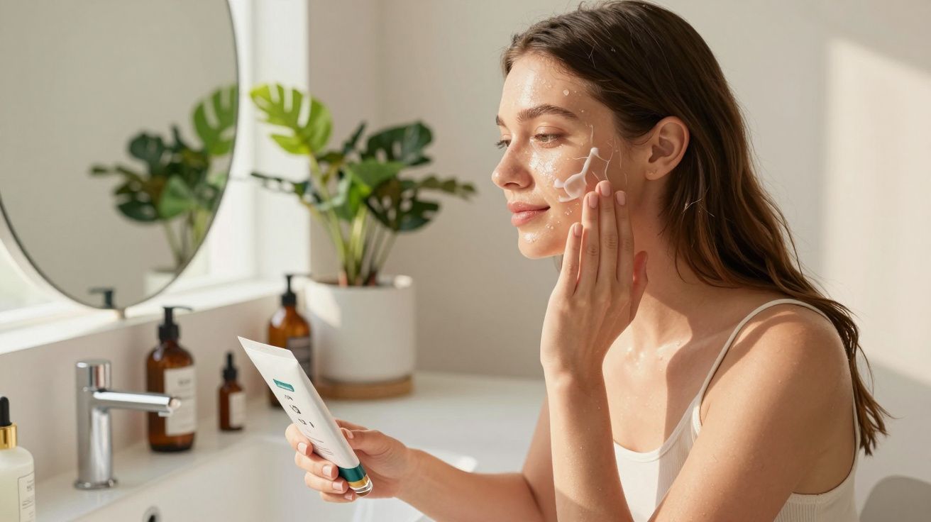 Woman applying facial cream, sitting by bathroom sink with skincare products and a round mirror nearby.