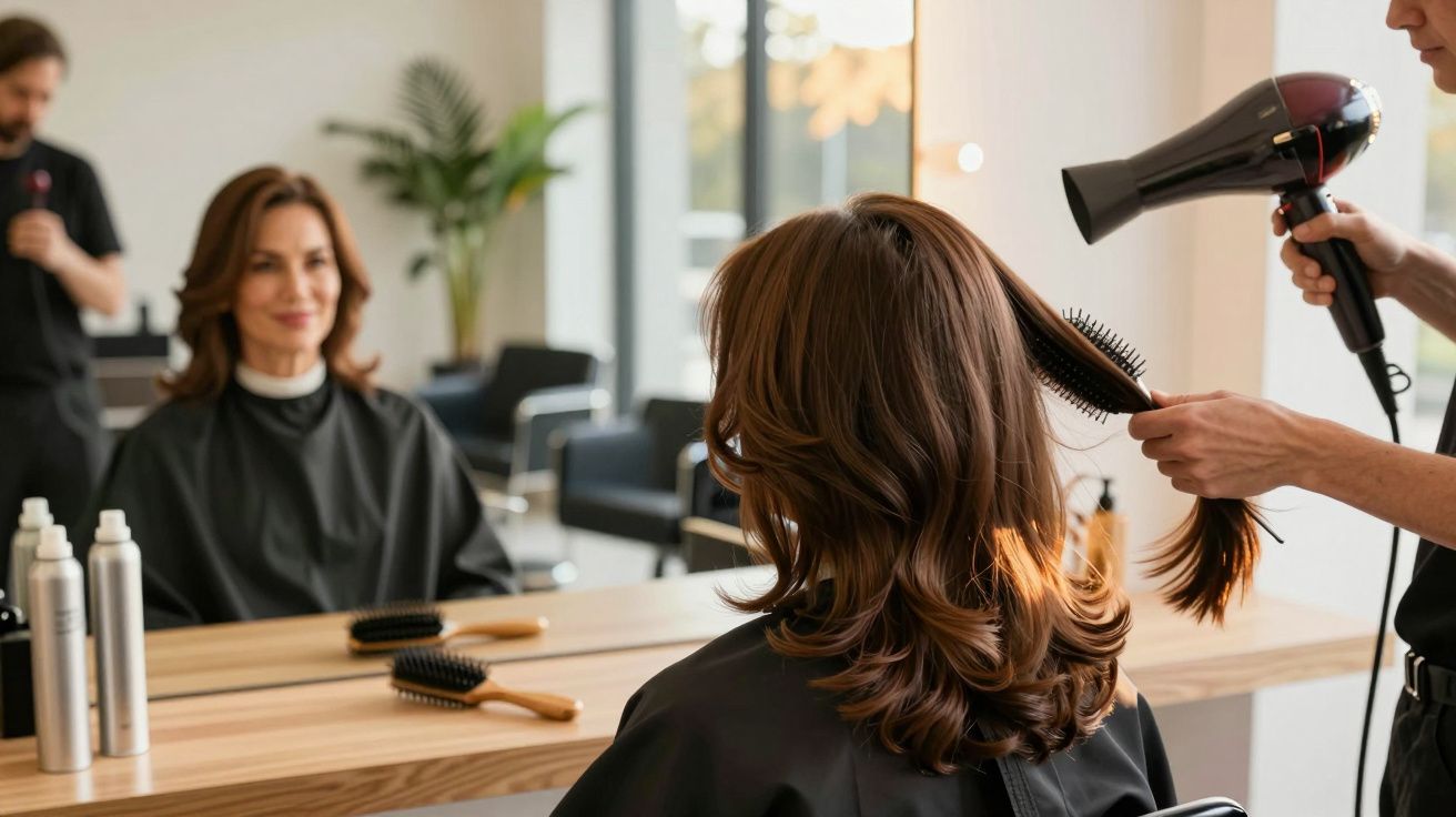 Woman having her hair blow-dried and brushed at a modern hair salon with a large mirror and wooden counter.