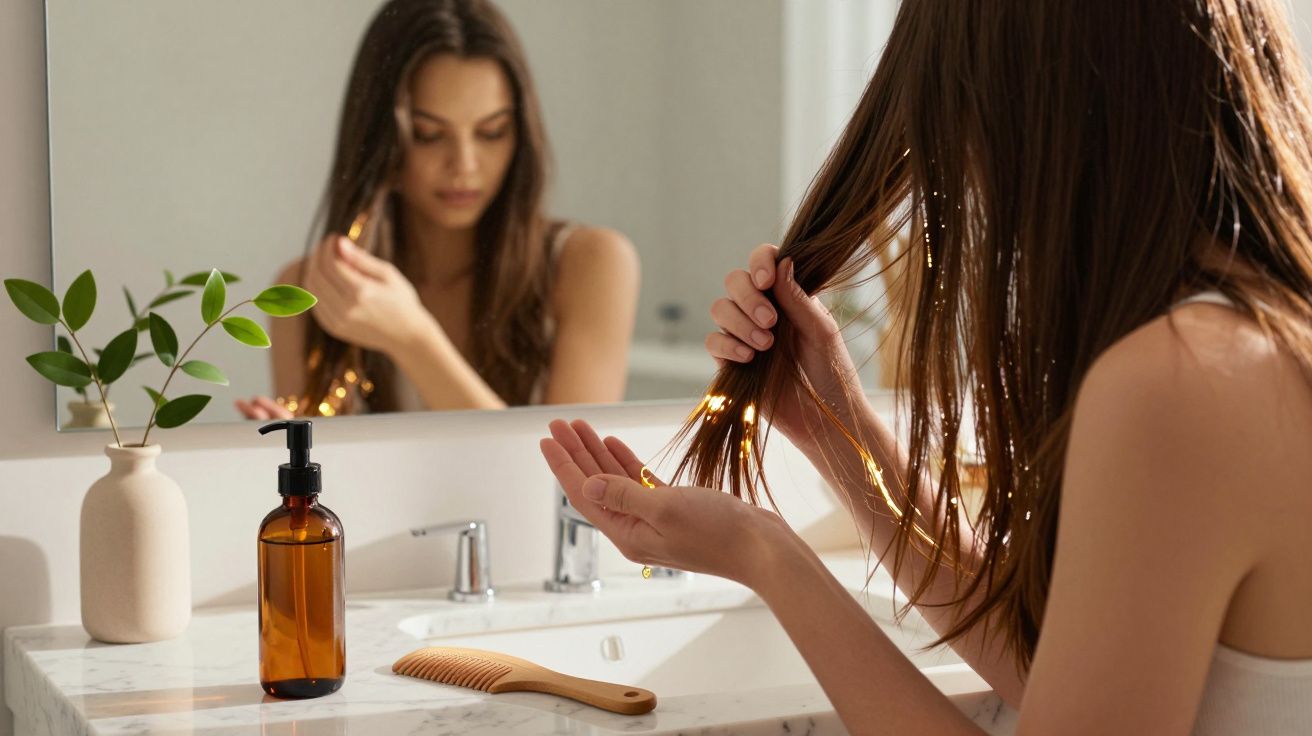 Woman applying hair oil or serum in front of bathroom mirror with bottle and wooden comb on counter