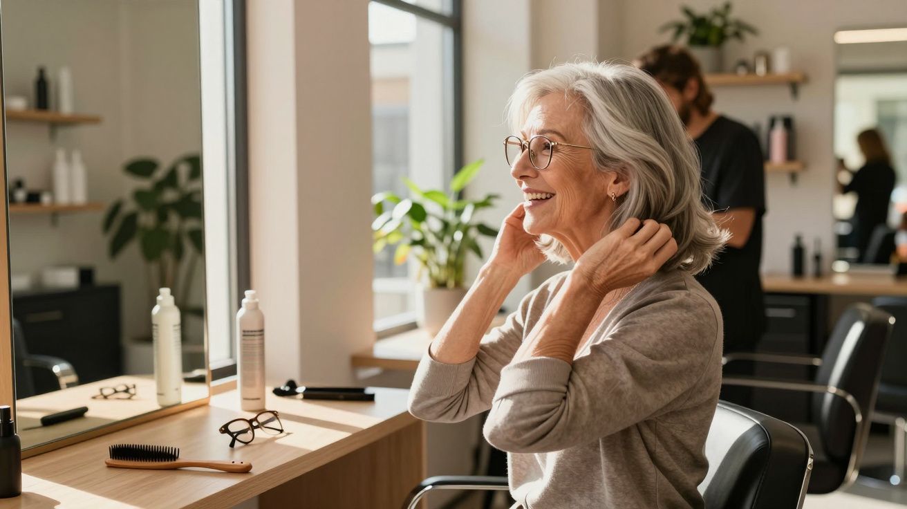 Smiling elderly woman with grey hair adjusting her hair in a salon chair by a mirror and window.