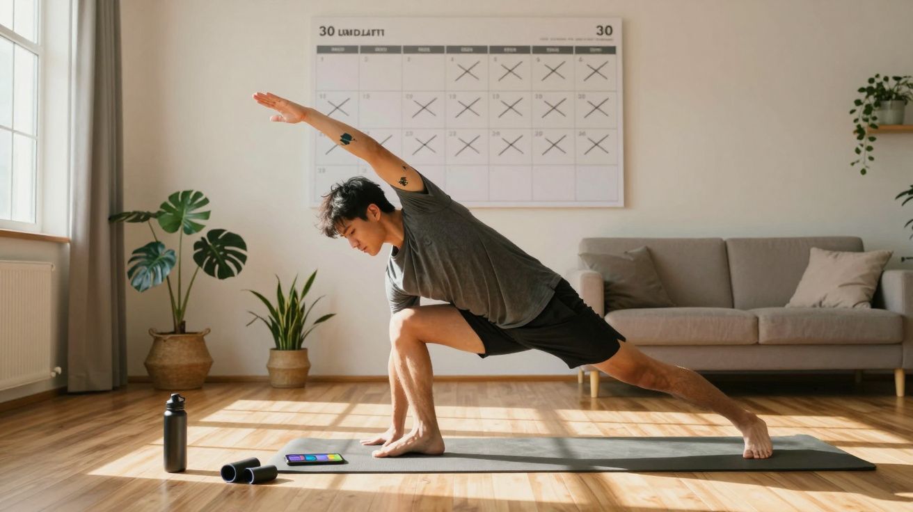 Man stretching on yoga mat in living room with calendar and plants in the background