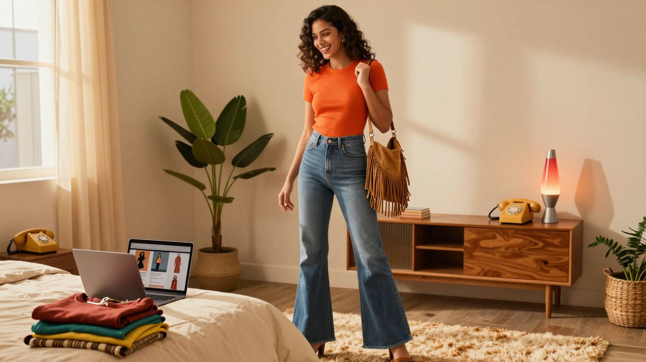 Woman in orange top and flared jeans standing in mid-century style bedroom with laptop and lava lamp.