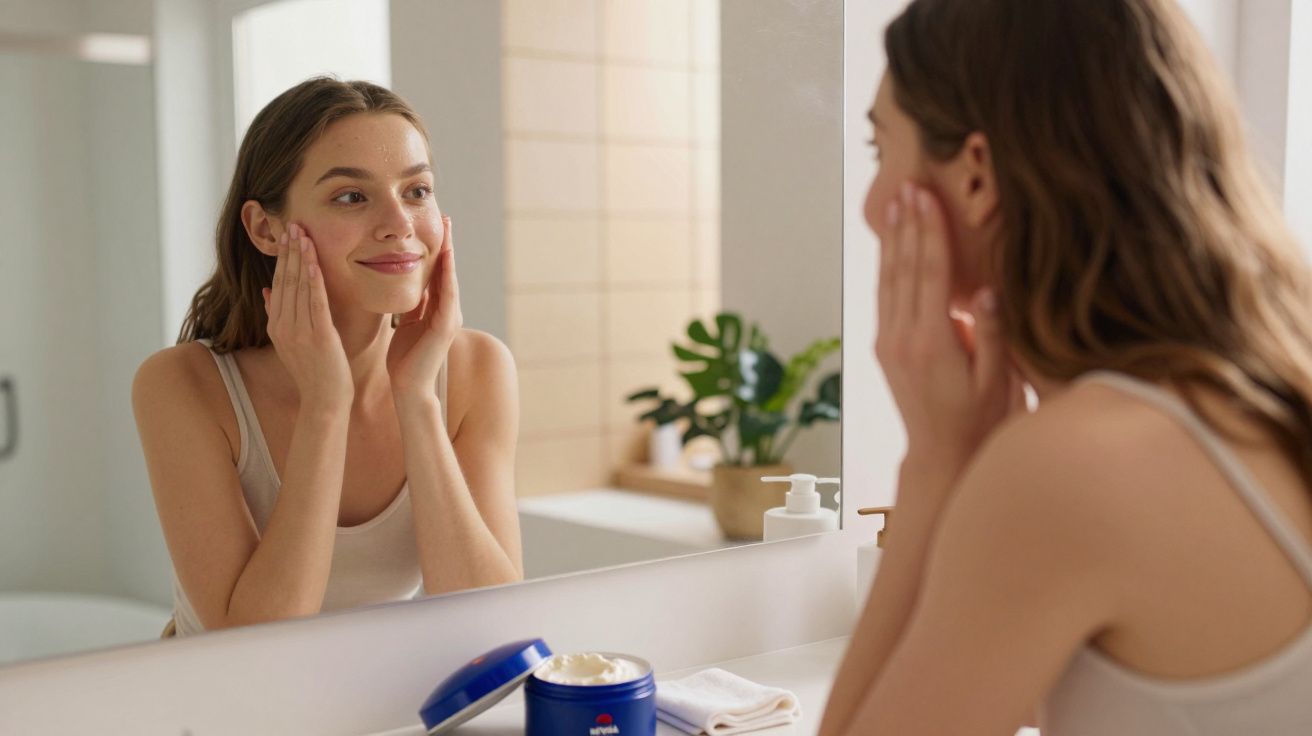 Young woman applying cream on her face while looking in the bathroom mirror.