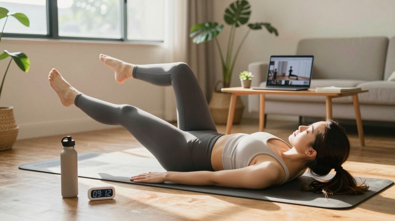 Woman exercising on a yoga mat in a living room with a laptop, timer, and water bottle nearby.