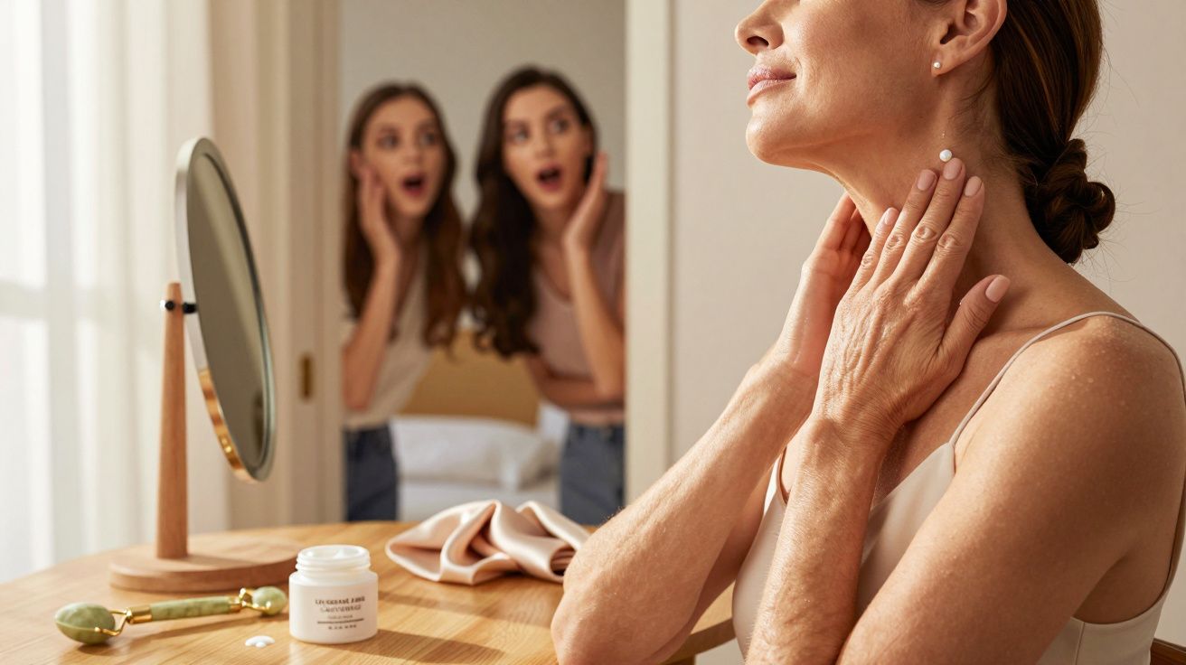 Woman applying skincare cream at dressing table with two surprised young women peeking from doorway behind her