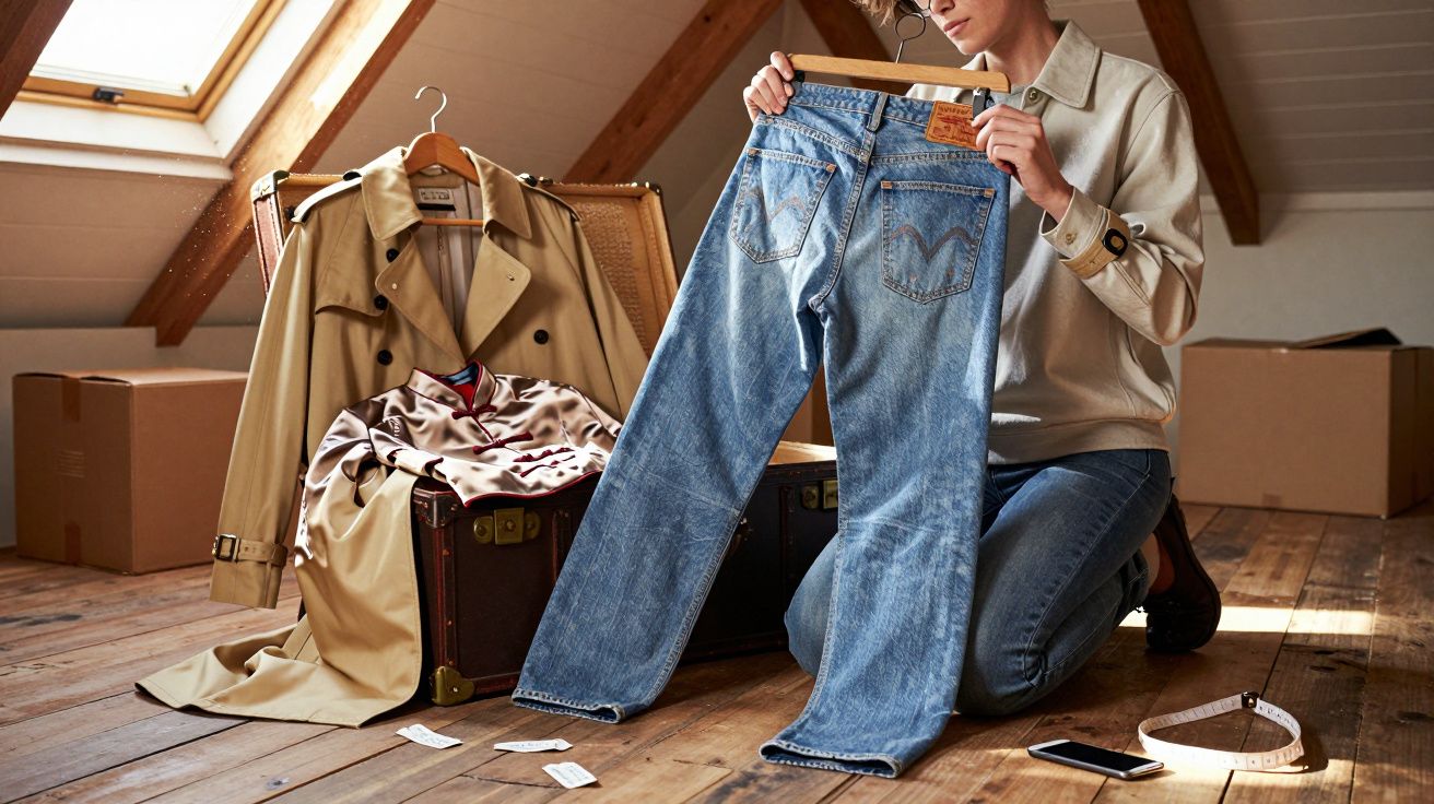 Person kneeling on a wooden floor holding up a pair of blue jeans, with a trench coat and suitcase nearby.