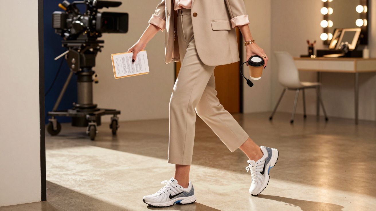 Person in beige suit and white trainers walking in film studio holding a coffee cup and script.