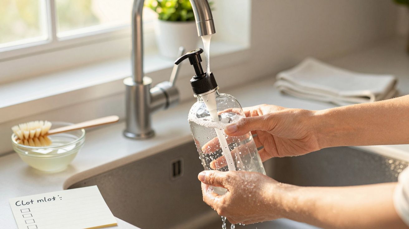 Person washing hands with soap from a pump bottle over a kitchen sink near a window and a note list.