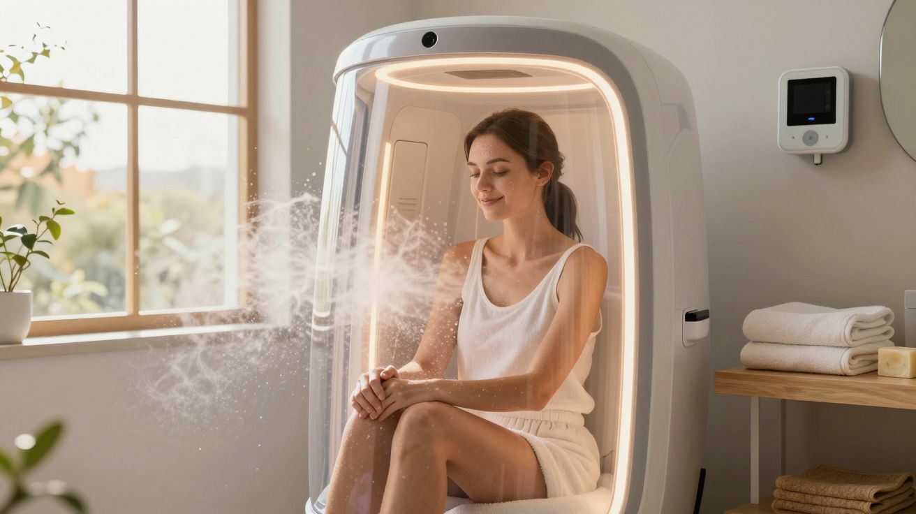 Woman seated inside a modern wellness pod emitting mist in a bright, minimalistic room with folded towels nearby