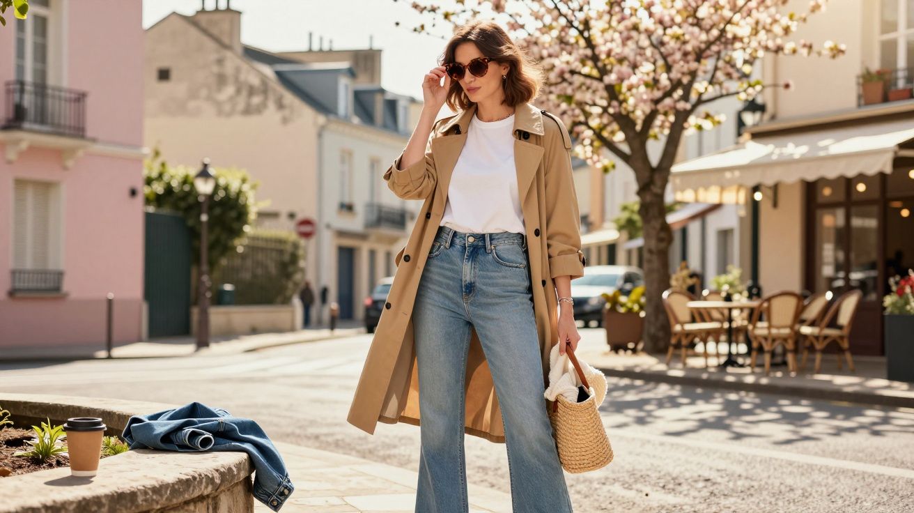 Woman in sunglasses, trench coat, white t-shirt and jeans holding a wicker bag on a sunny street cafe background