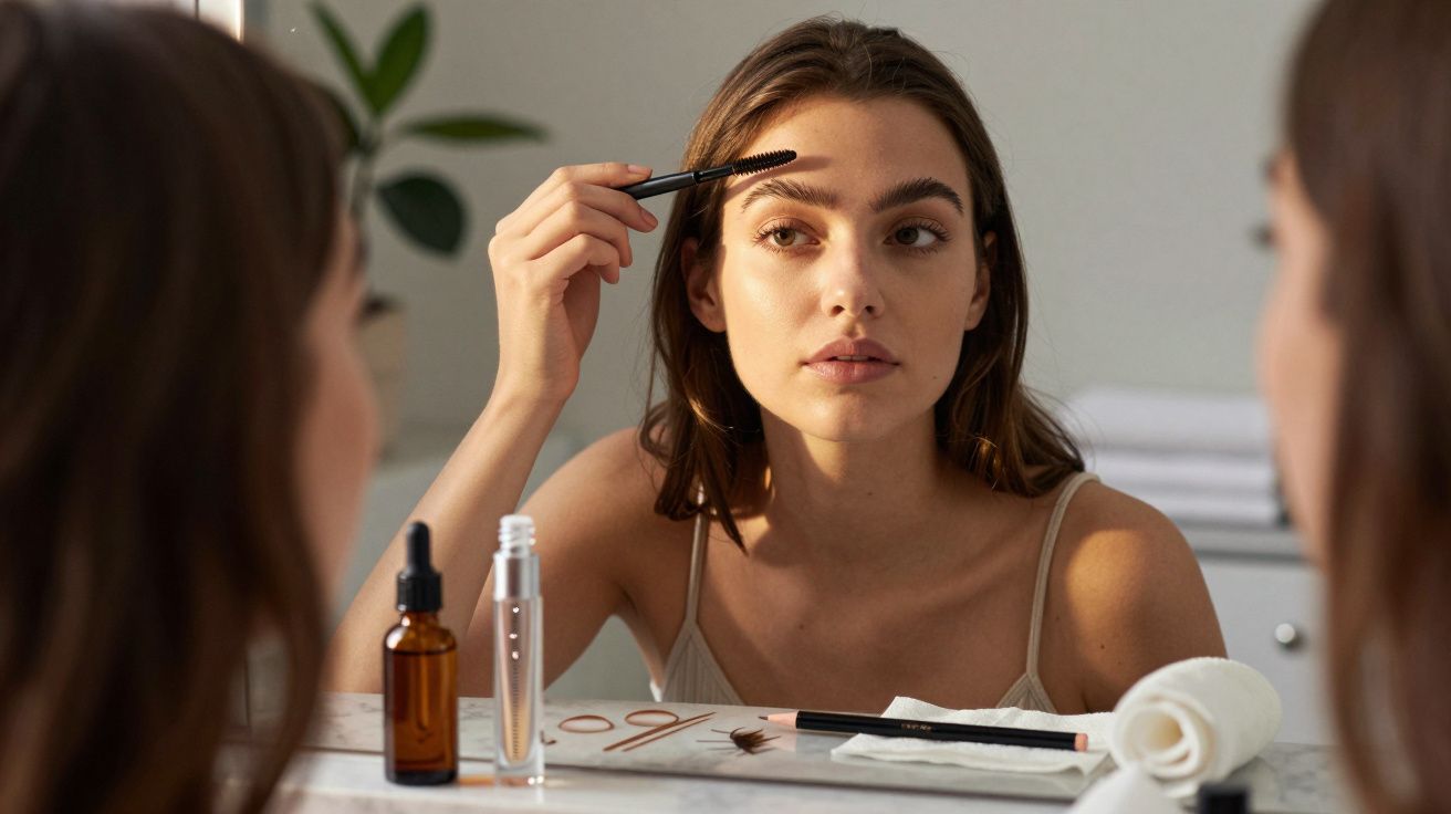 Young woman applying eyebrow makeup using a brush while looking into a bathroom mirror.