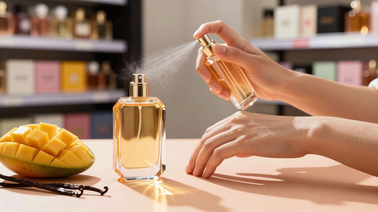 Person spraying a gold perfume bottle on their wrist next to sliced mango and vanilla pods on a table.
