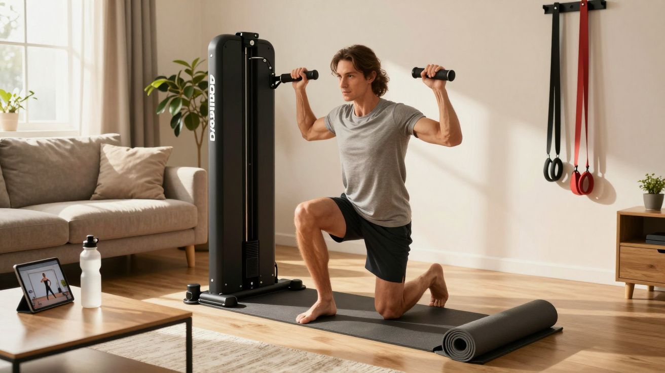 Man performing a lunge exercise using a lat pulldown machine in a bright living room with a workout tablet.