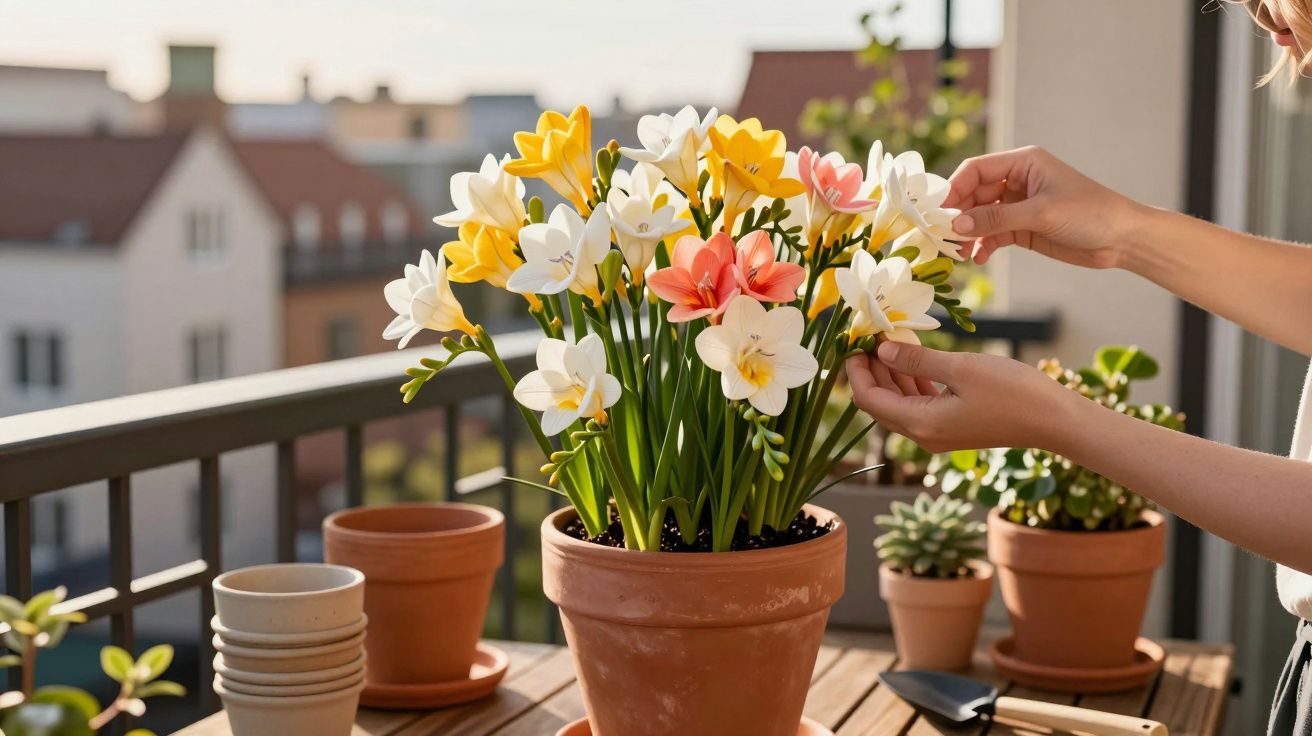 Person arranging yellow, white, and pink flowers in a terracotta pot on a balcony table with gardening tools.
