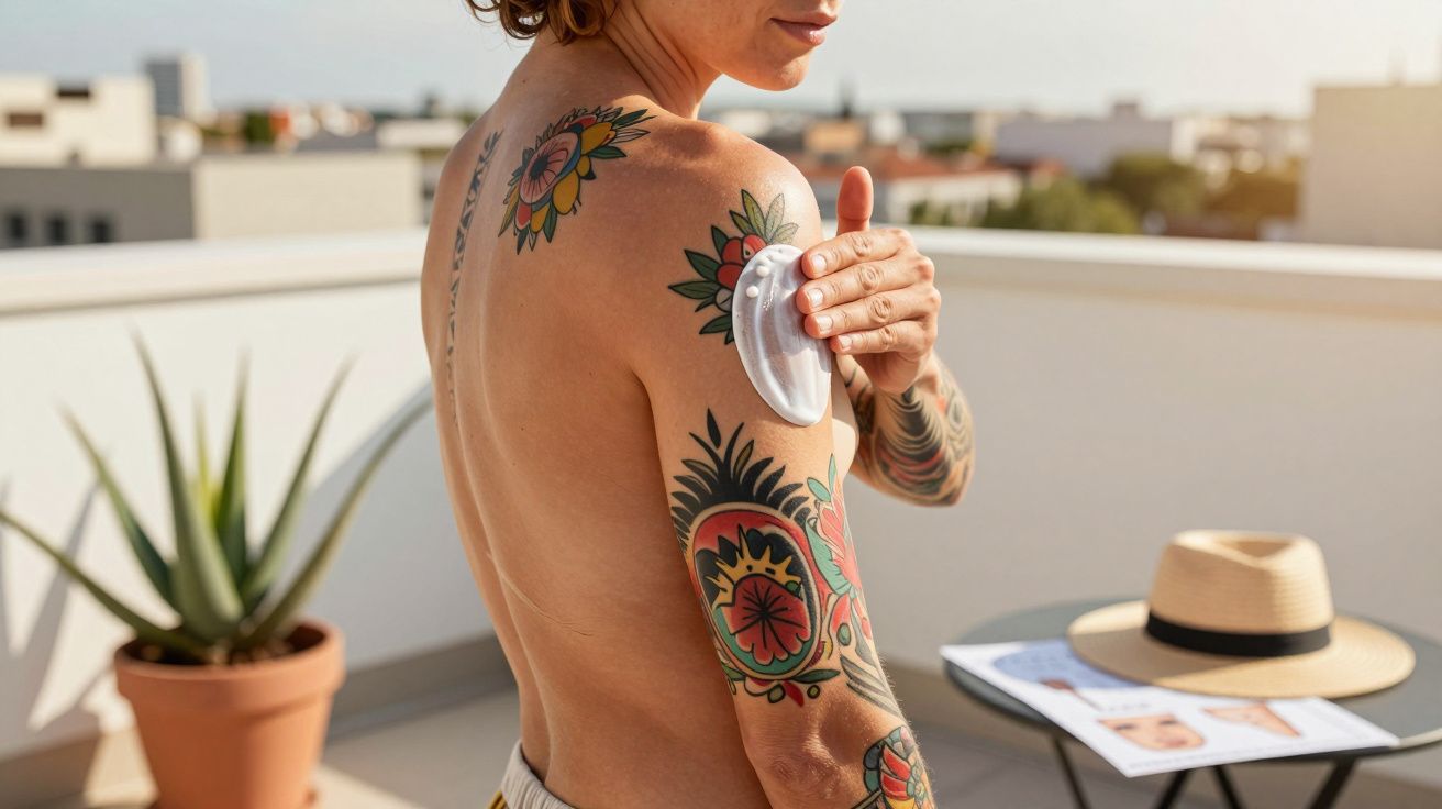 Person with colourful tattoos applying sunscreen to their shoulder on a sunny rooftop.