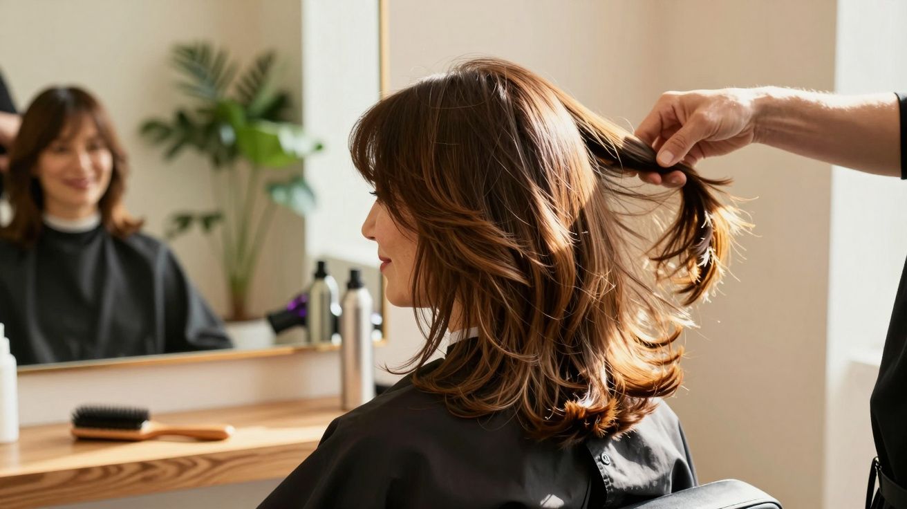 Woman with medium-length brown hair sitting in a salon chair as a hairdresser examines her hair.