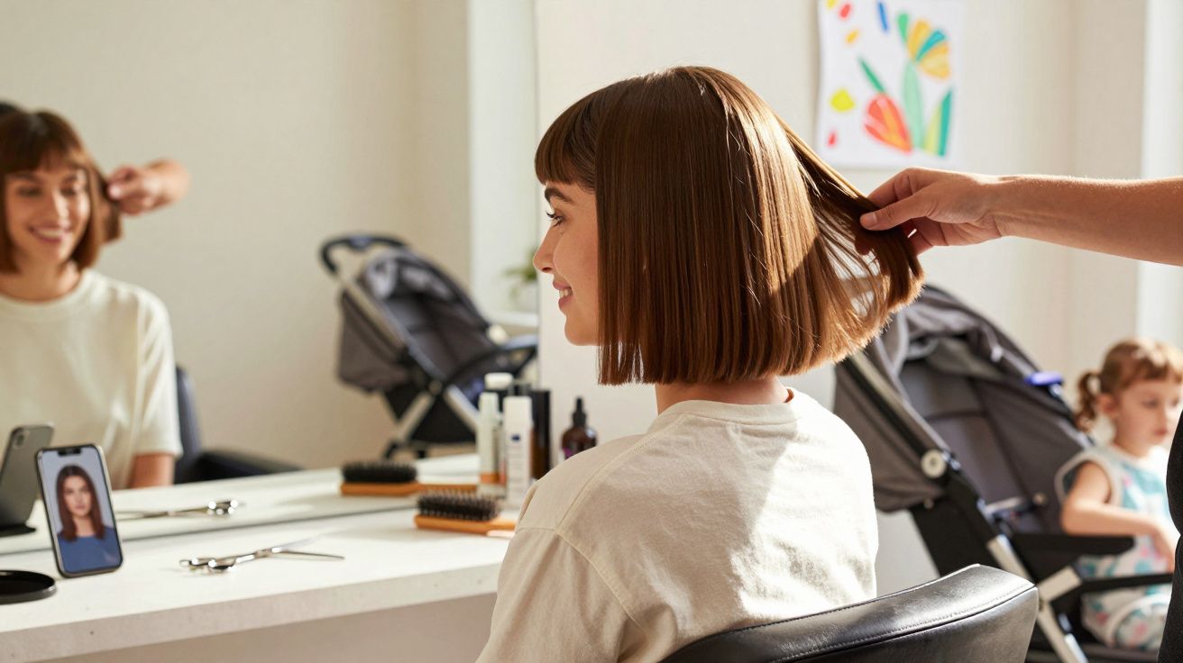 Woman with short brown hair sitting in a salon chair while a hairdresser styles her hair, with a child in the background.