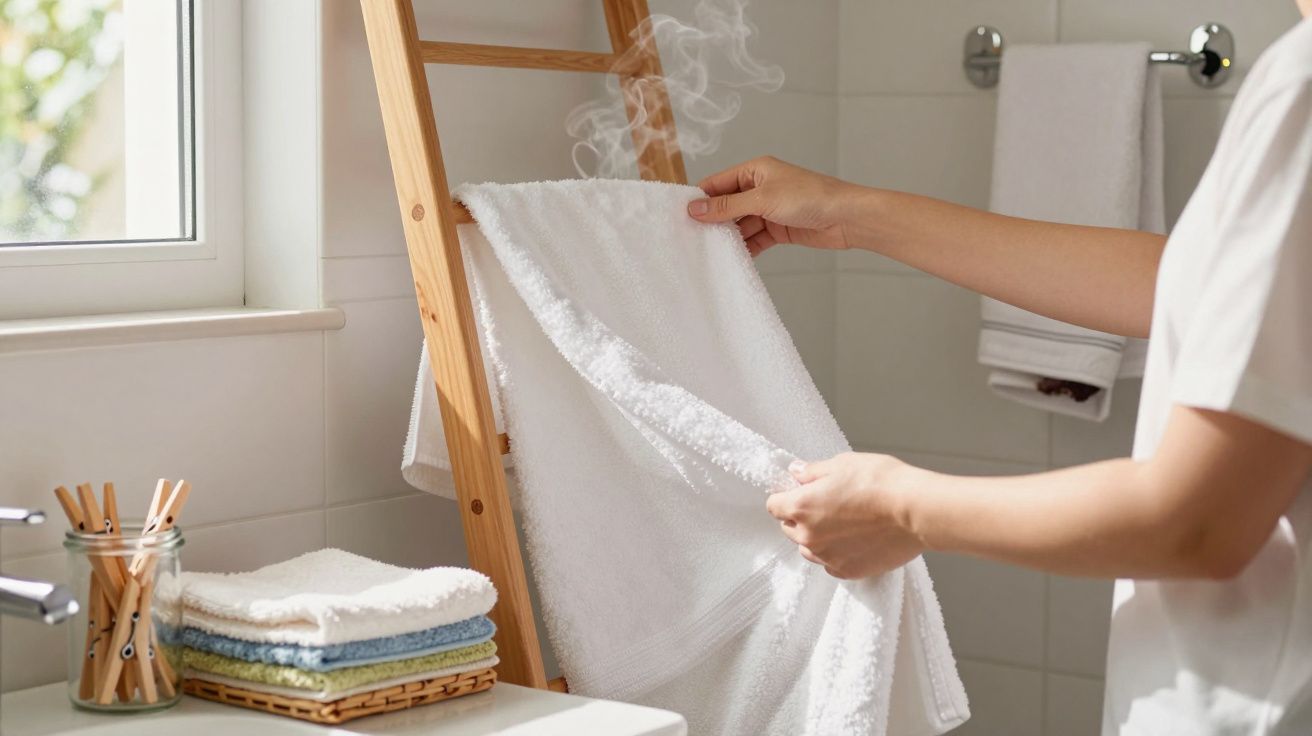 Hands holding a steaming white towel drying on a wooden ladder in a bright bathroom by a window.