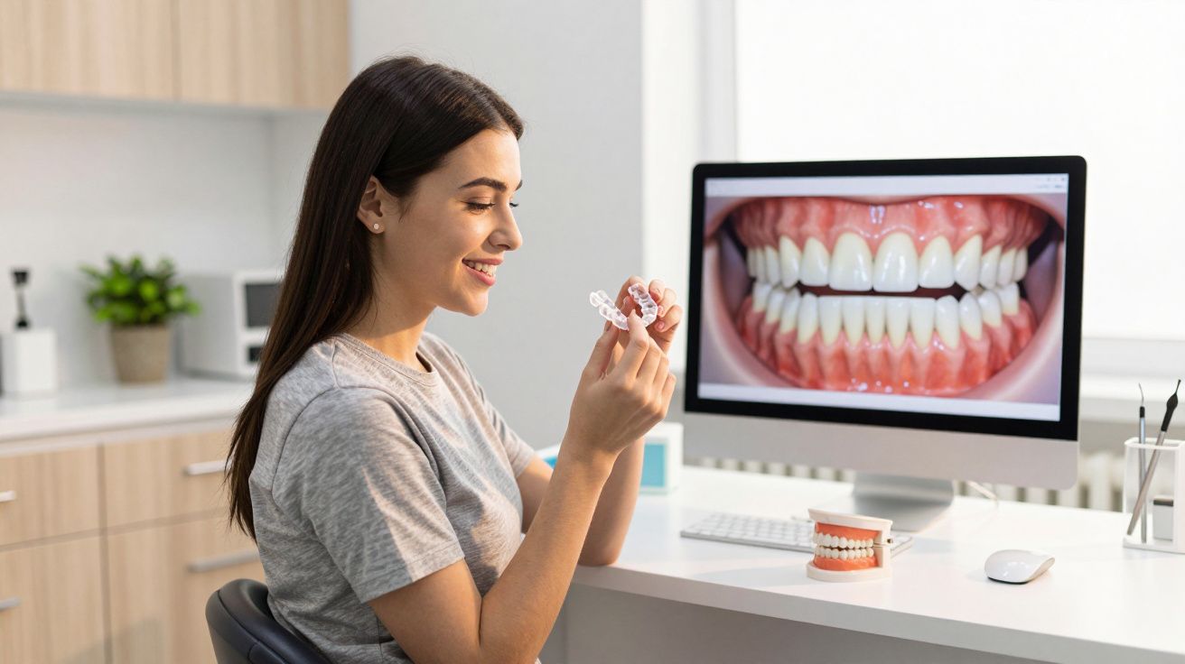 Woman holding clear dental aligners with teeth image on computer screen in a dental clinic setting.