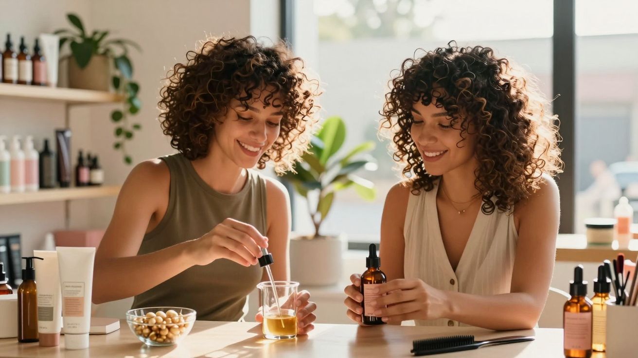 Two women with curly hair mixing skincare products at a sunlit table in a bright room.