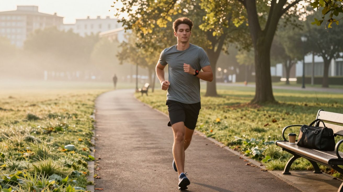 Young man jogging in a park early morning on a paved path with trees and benches.