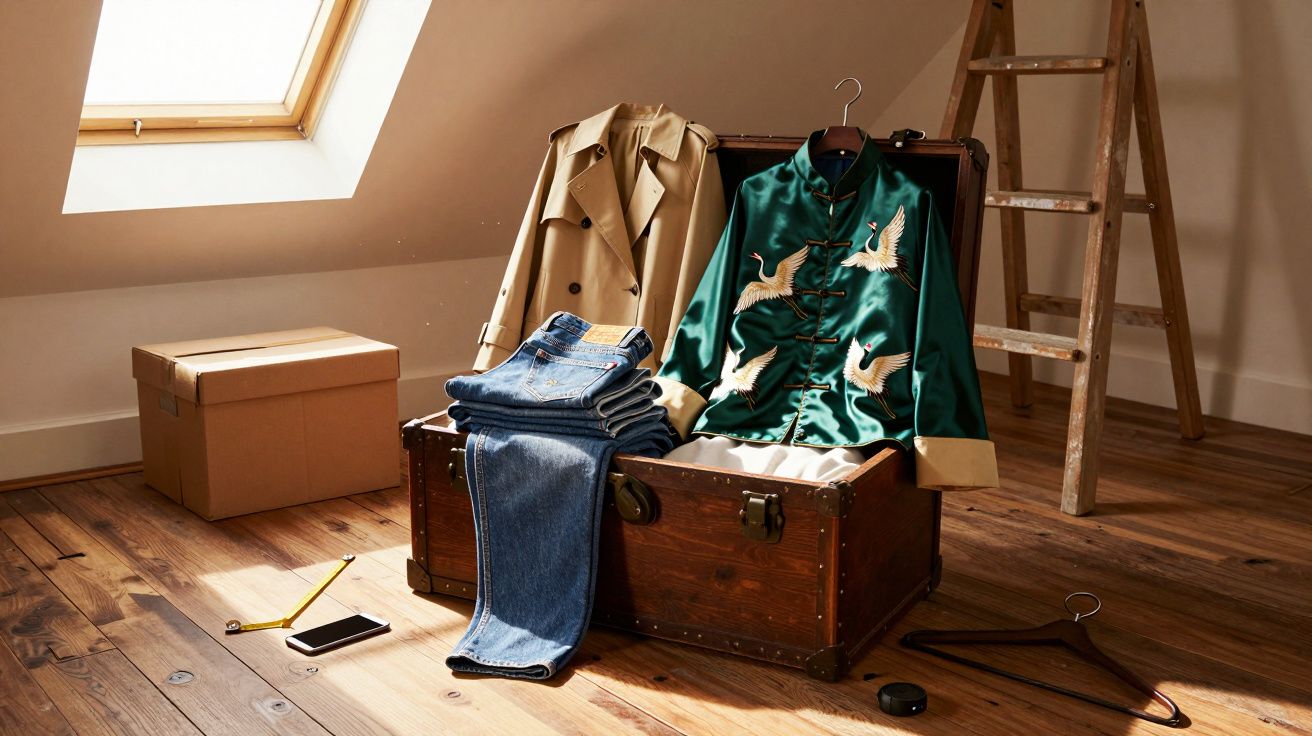 Open vintage wooden trunk with folded jeans, embroidered green jacket, and beige coat in sunlit attic room.