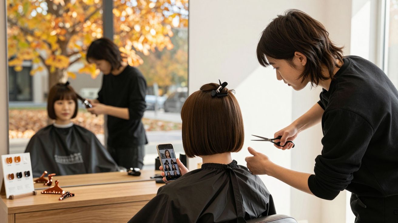 Hairdresser cutting a woman’s bob hairstyle in a salon with autumn trees visible through the window.
