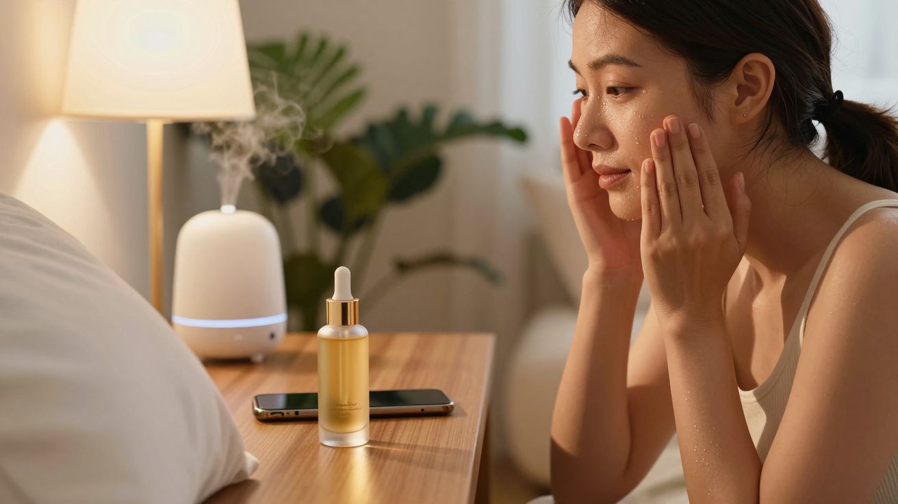 Woman applying facial serum in a softly lit bedroom with a wooden bedside table and diffuser.