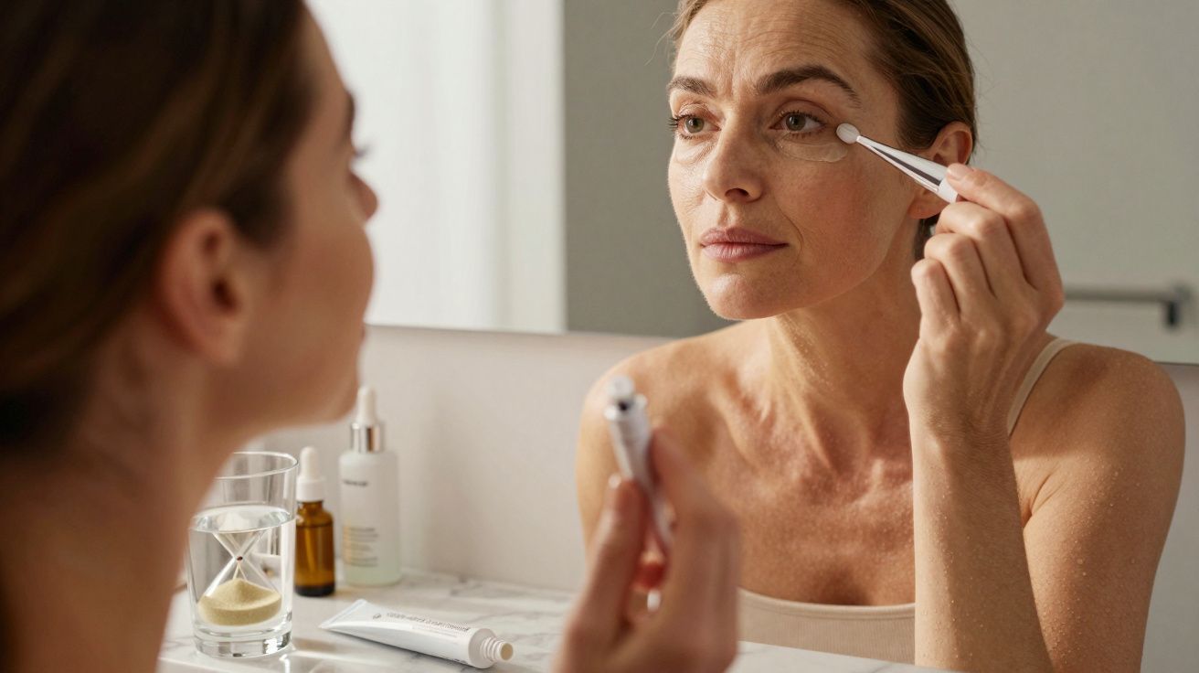 Woman applying eye cream with a small applicator while looking at her reflection in the bathroom mirror.