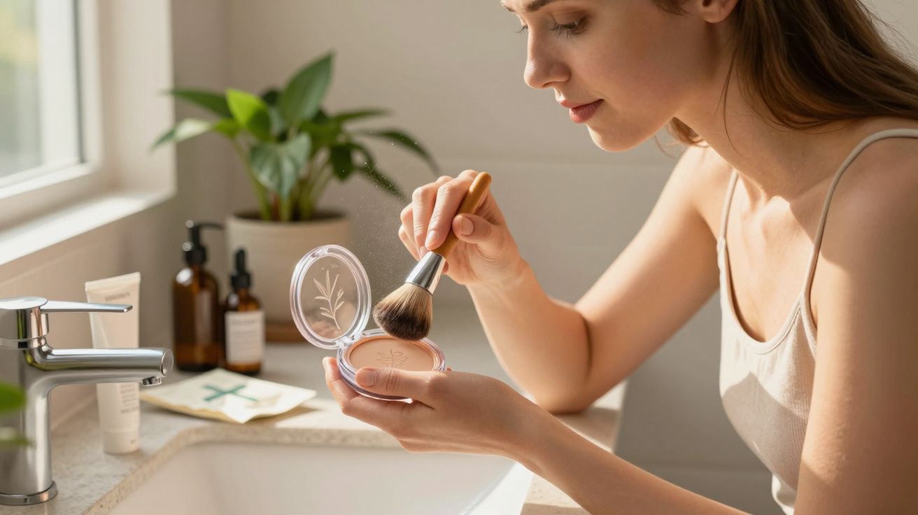 Woman applying powder makeup with a brush in a bright bathroom near a sink and plants.