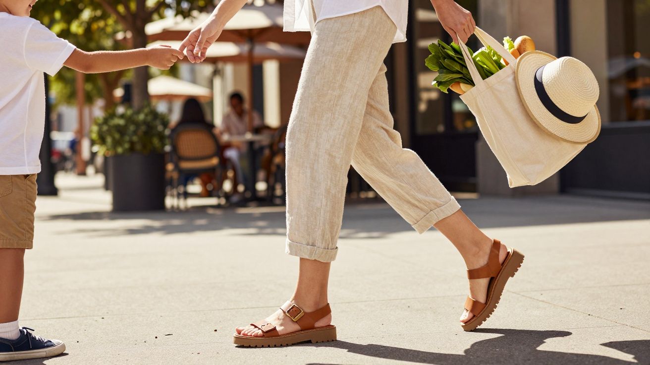 Adult and child holding hands, with adult carrying a tote bag filled with groceries and a hat.
