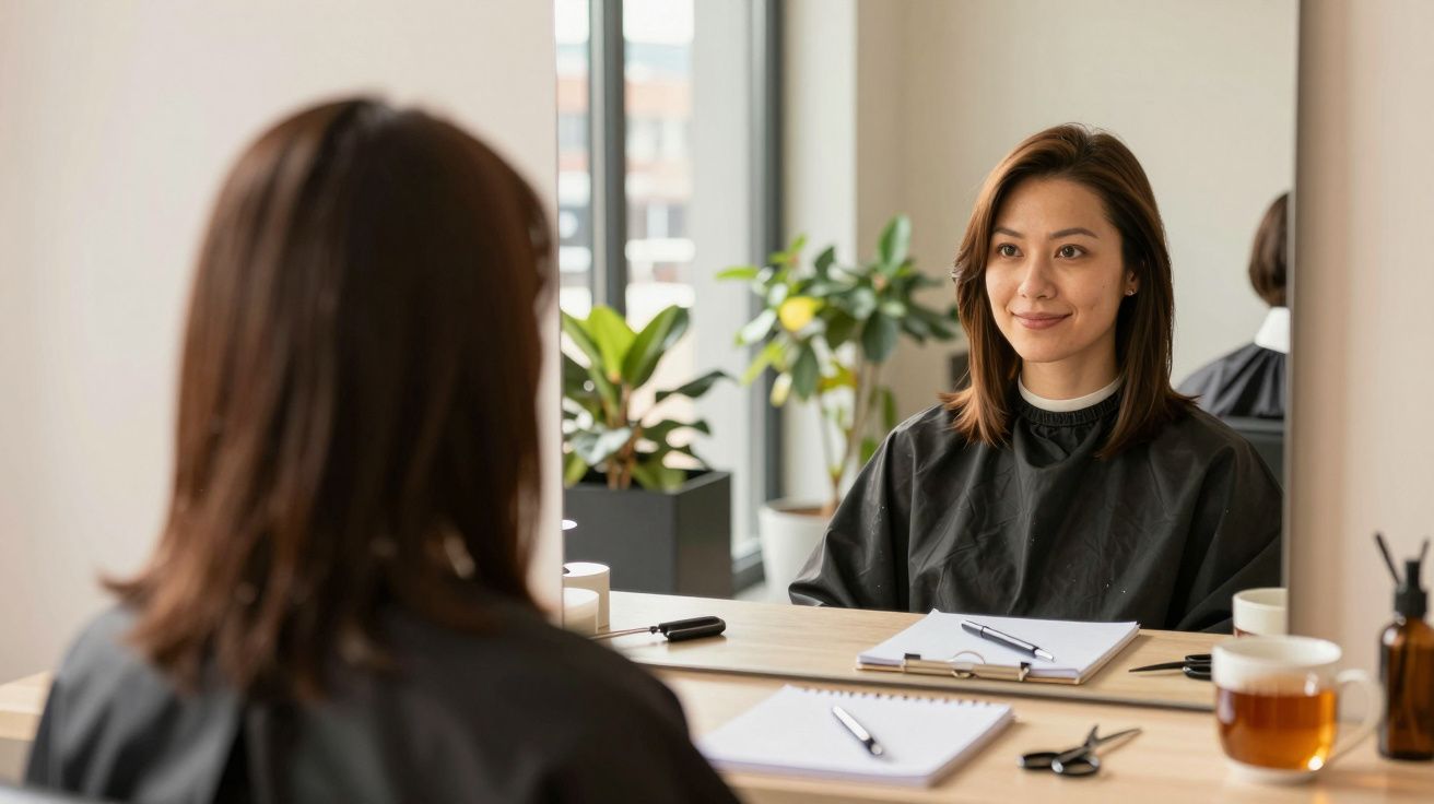 Woman wearing a black salon cape sitting in front of a mirror with hairdressing tools and notes on the table.