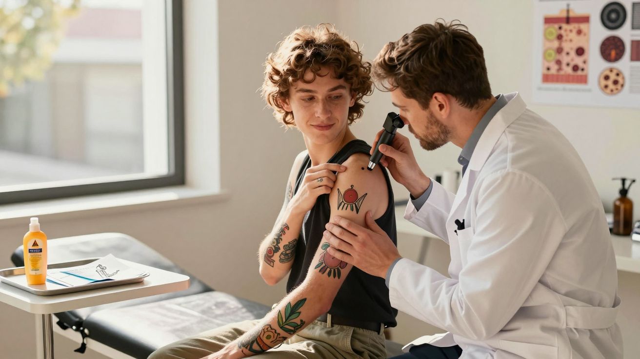 Doctor examining a tattoo on a young person's upper arm in a bright medical clinic room.