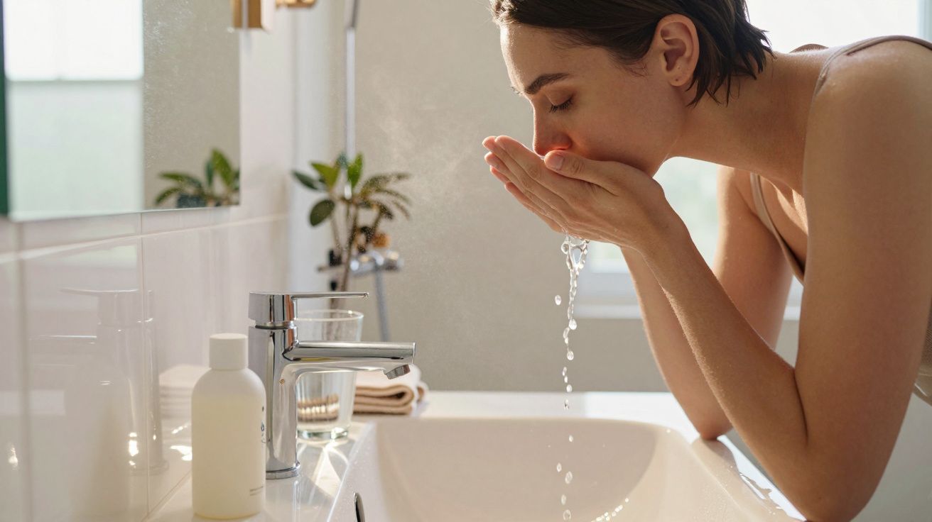 Woman washing her face with water in a bright bathroom next to a sink with toiletries