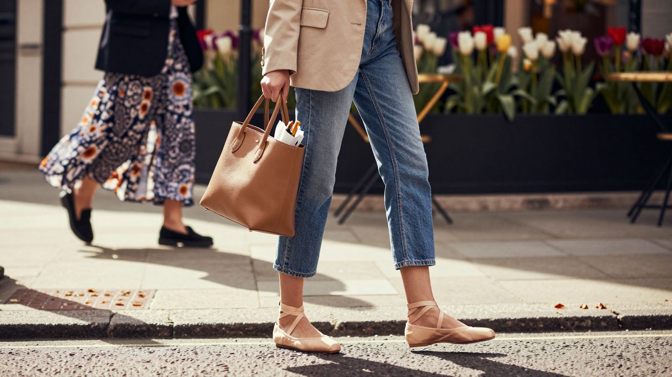 Person walking on pavement wearing beige blazer, cropped jeans, ballet flats, and carrying a brown handbag.