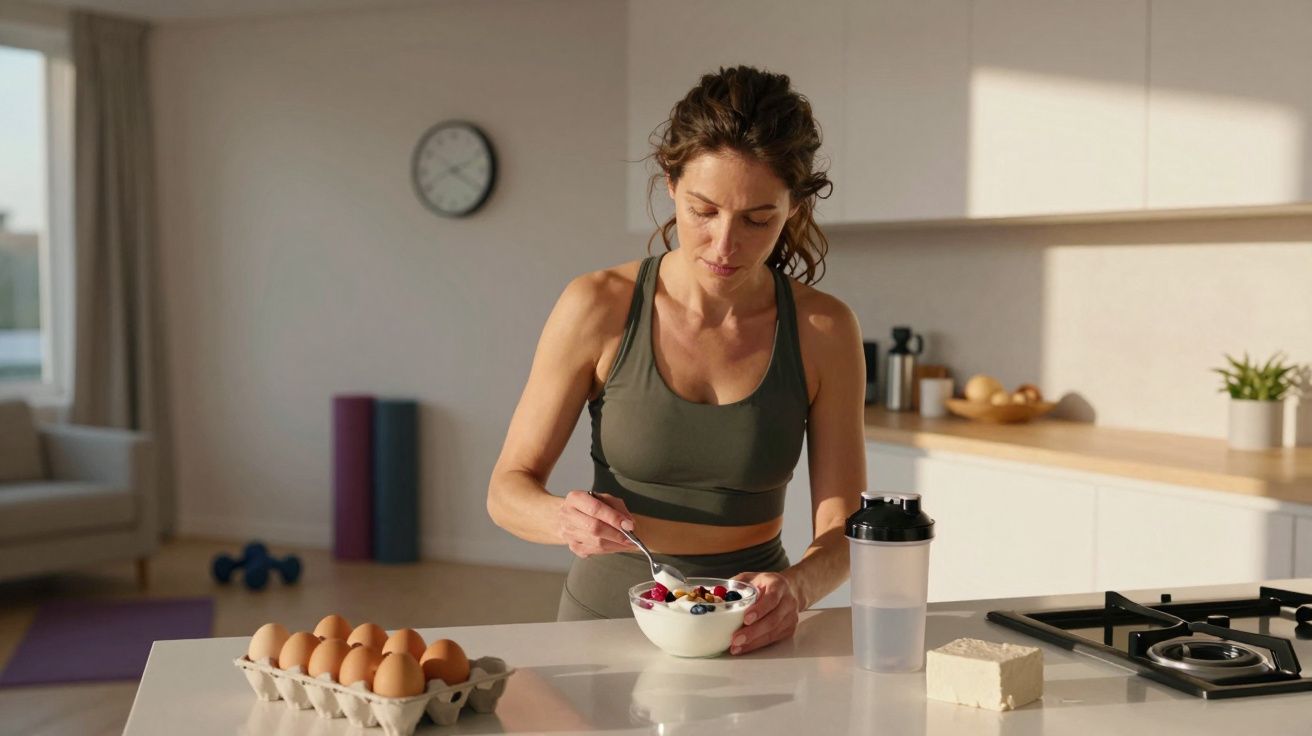 Woman in sportswear eating a bowl of fruit and yogurt in a bright kitchen with eggs and protein shake nearby