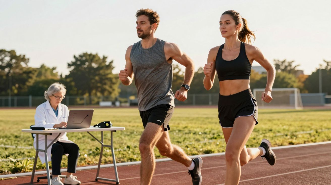 Two athletes running on a track with a researcher sitting at a table using a laptop nearby.