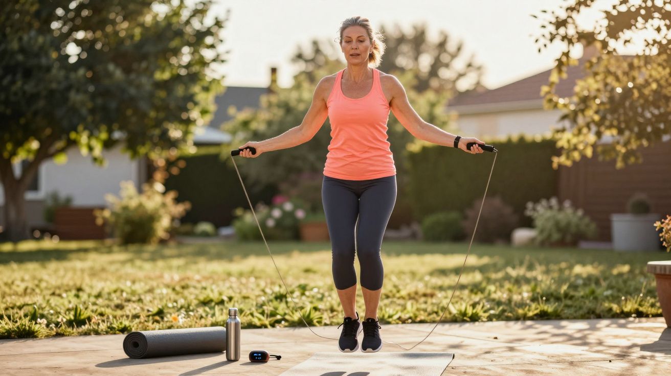 Woman in athletic wear jumping rope on a mat outdoors with exercise gear nearby in a sunny garden.