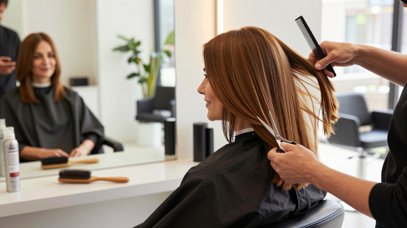 Woman with long brown hair getting a haircut at a salon, seated in front of a mirror with hairdresser cutting hair.