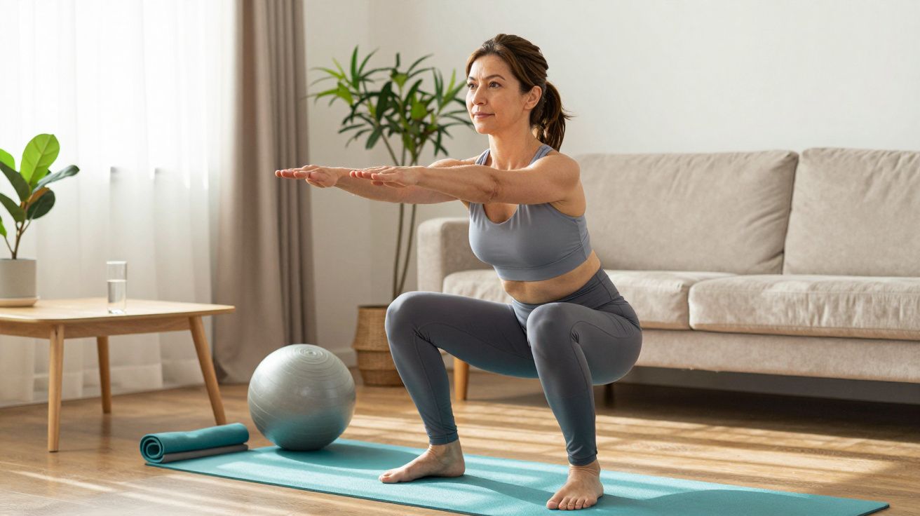 Woman performing a squat exercise on a yoga mat in a bright living room with plants and a sofa.
