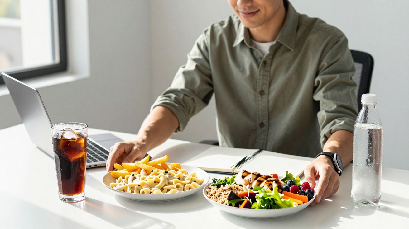Person sitting at a desk with two plates of food, a glass of cola, a laptop, and a bottle of water.