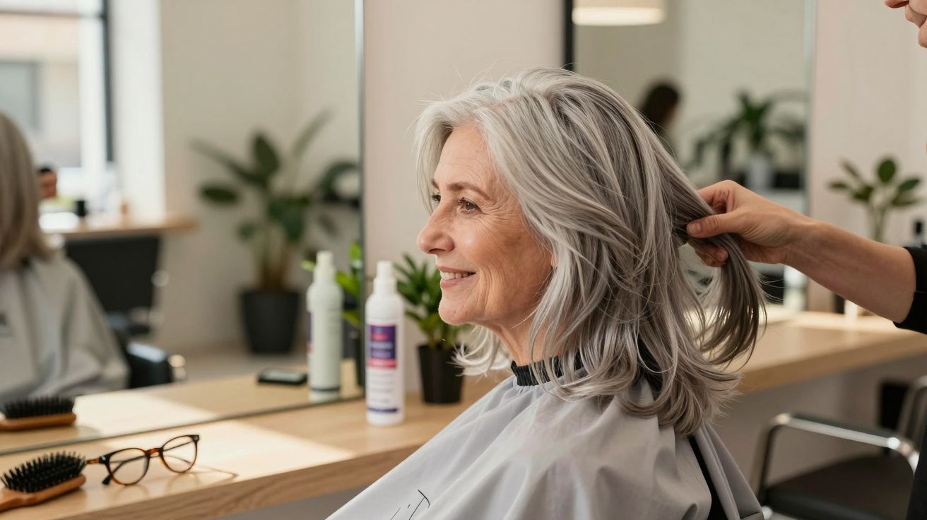 Older woman with silver hair smiling while getting a haircut in a salon with a mirror and plants in the background.